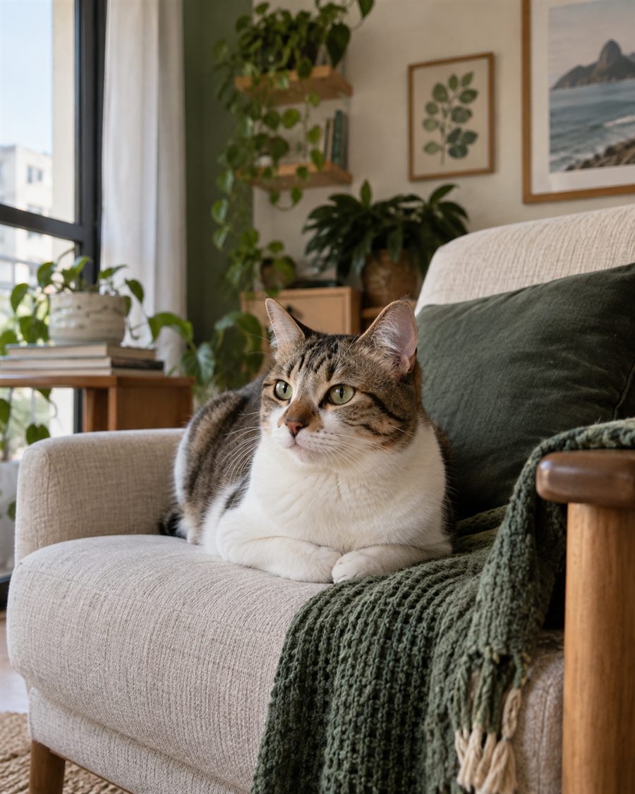 Gato tranquilo em sua poltrona, no ambiente de casa